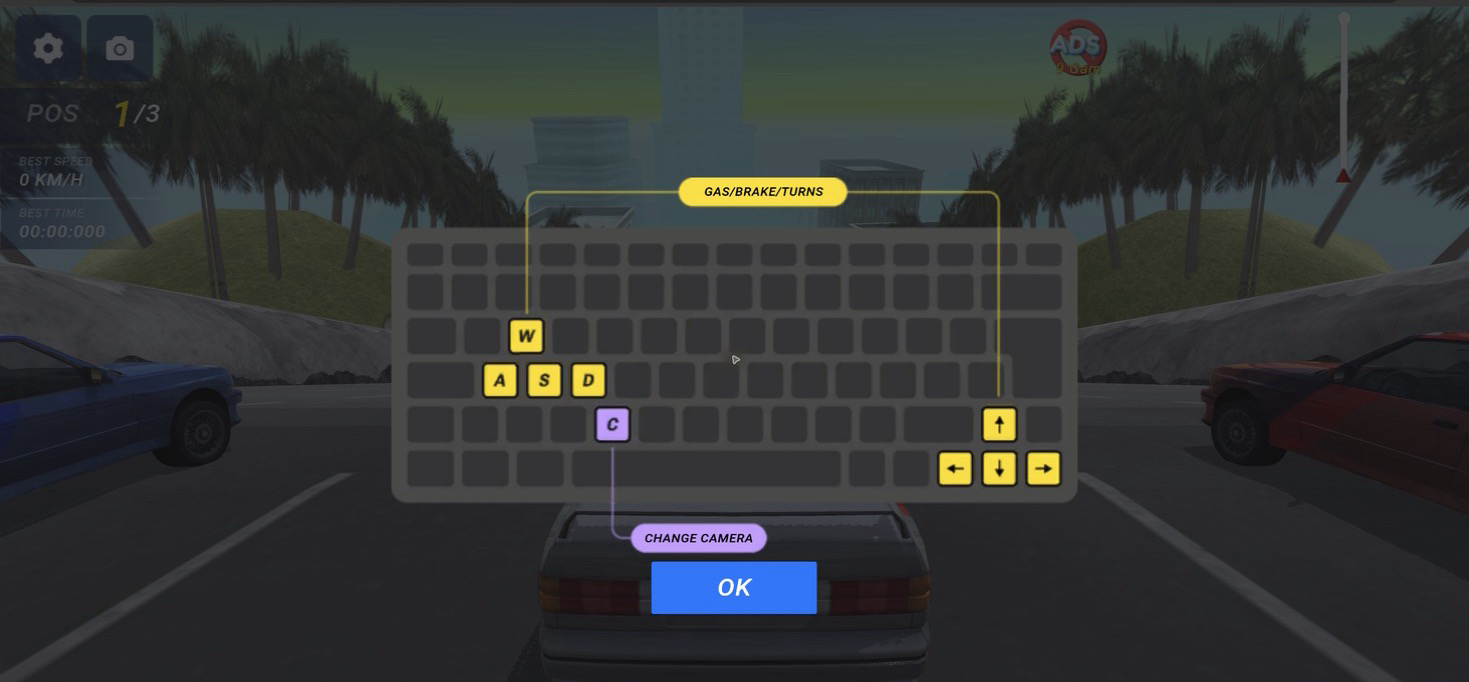 Deadly Descent tutorial overlay showing WASD, arrow-key, and C camera controls