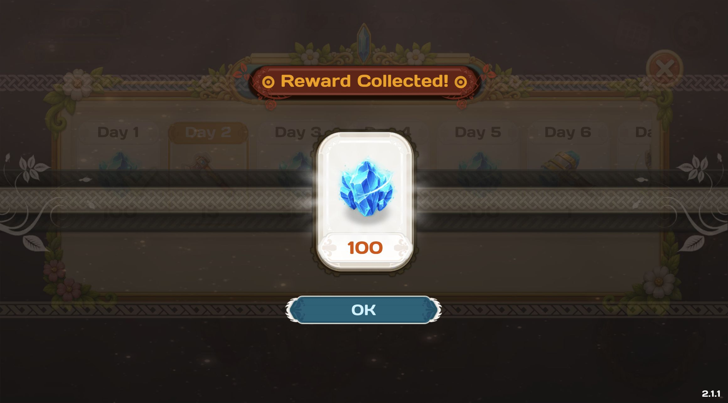 Reward Collected panel displaying 100 blue crystals after the Day 1 daily bonus claim