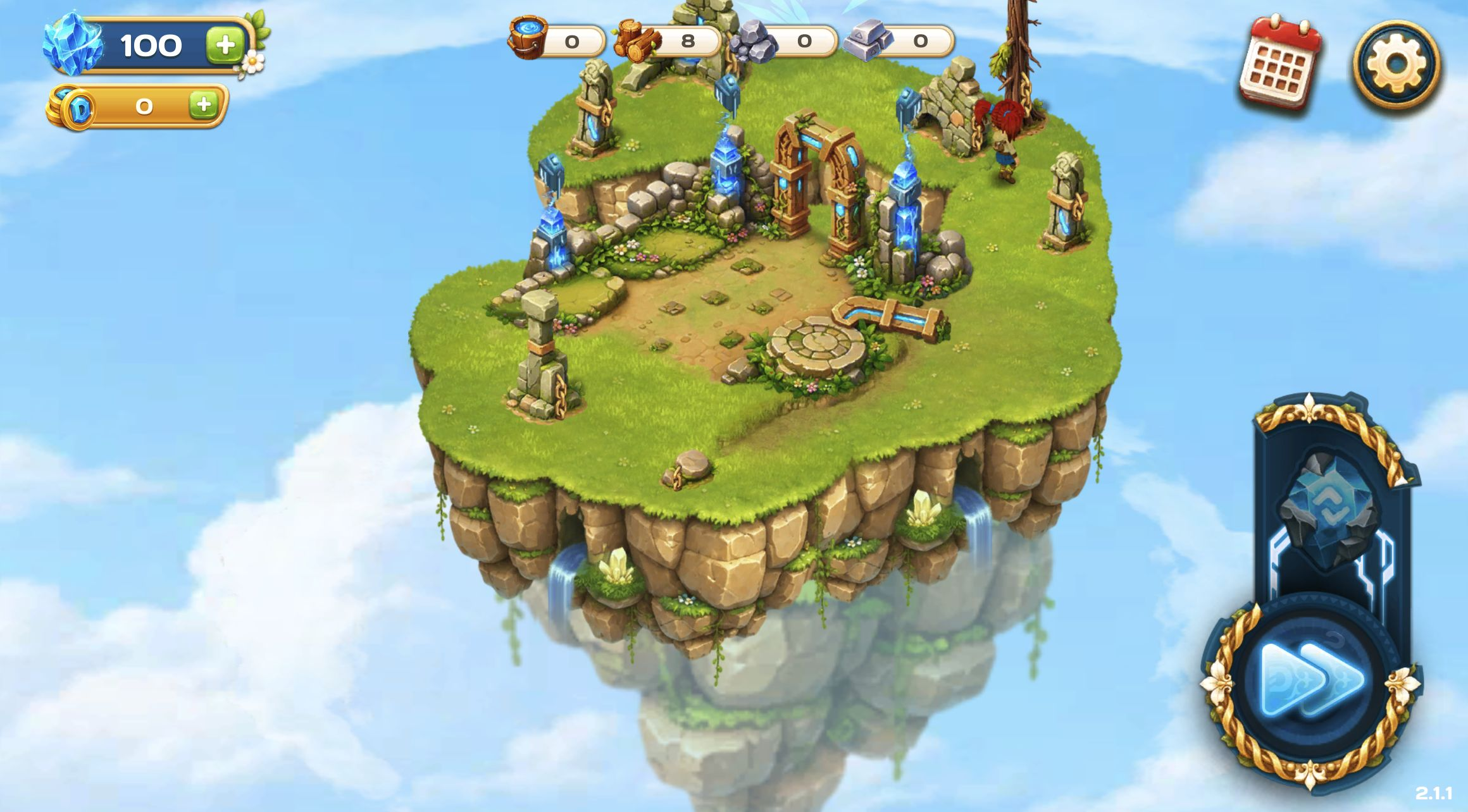 Restored floating island area with glowing blue structures, 100 crystals, eight wood, and a double-arrow continue control