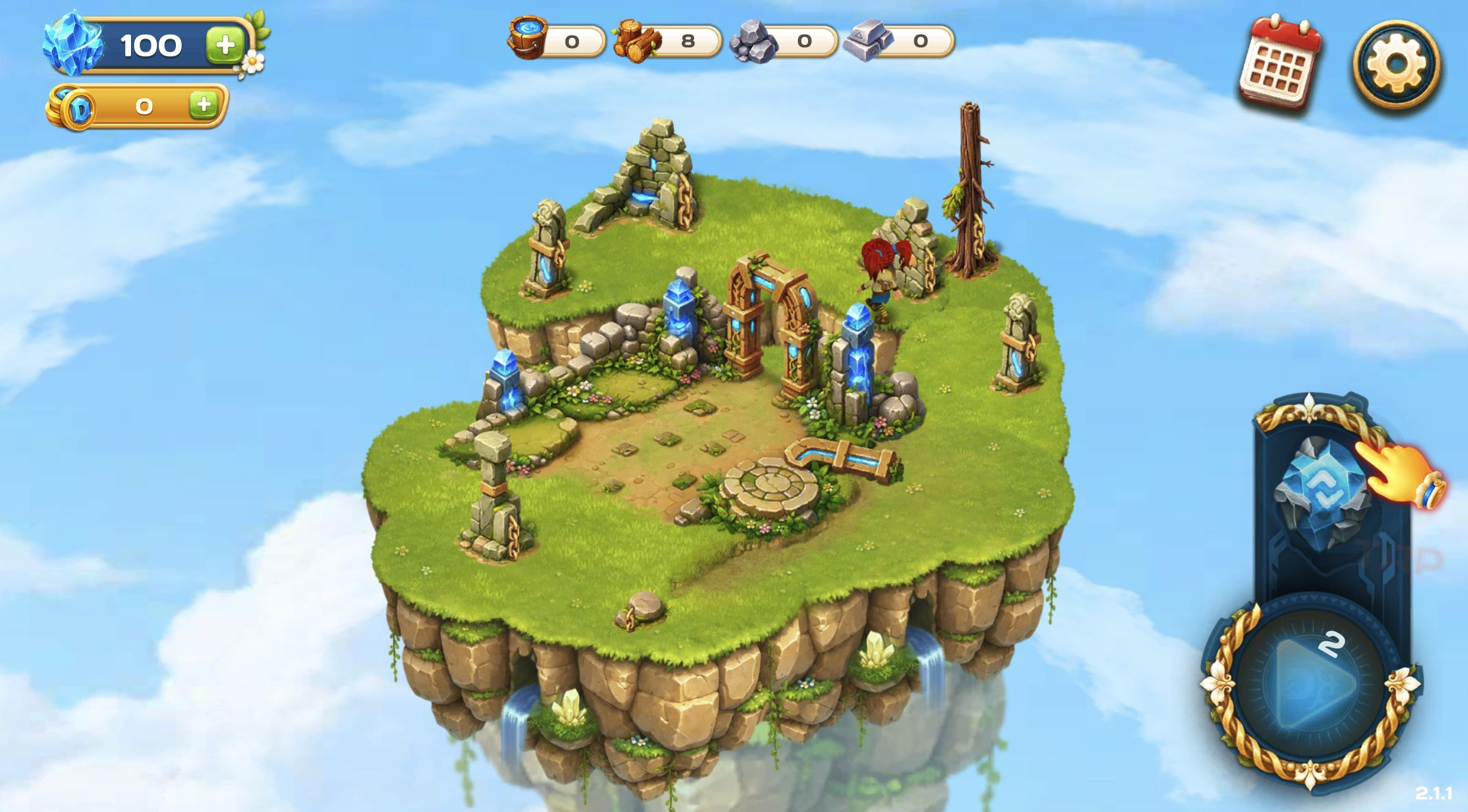 Floating island after Level 1 with 100 crystals, eight wood, and an Earth Artifact prompt on the right