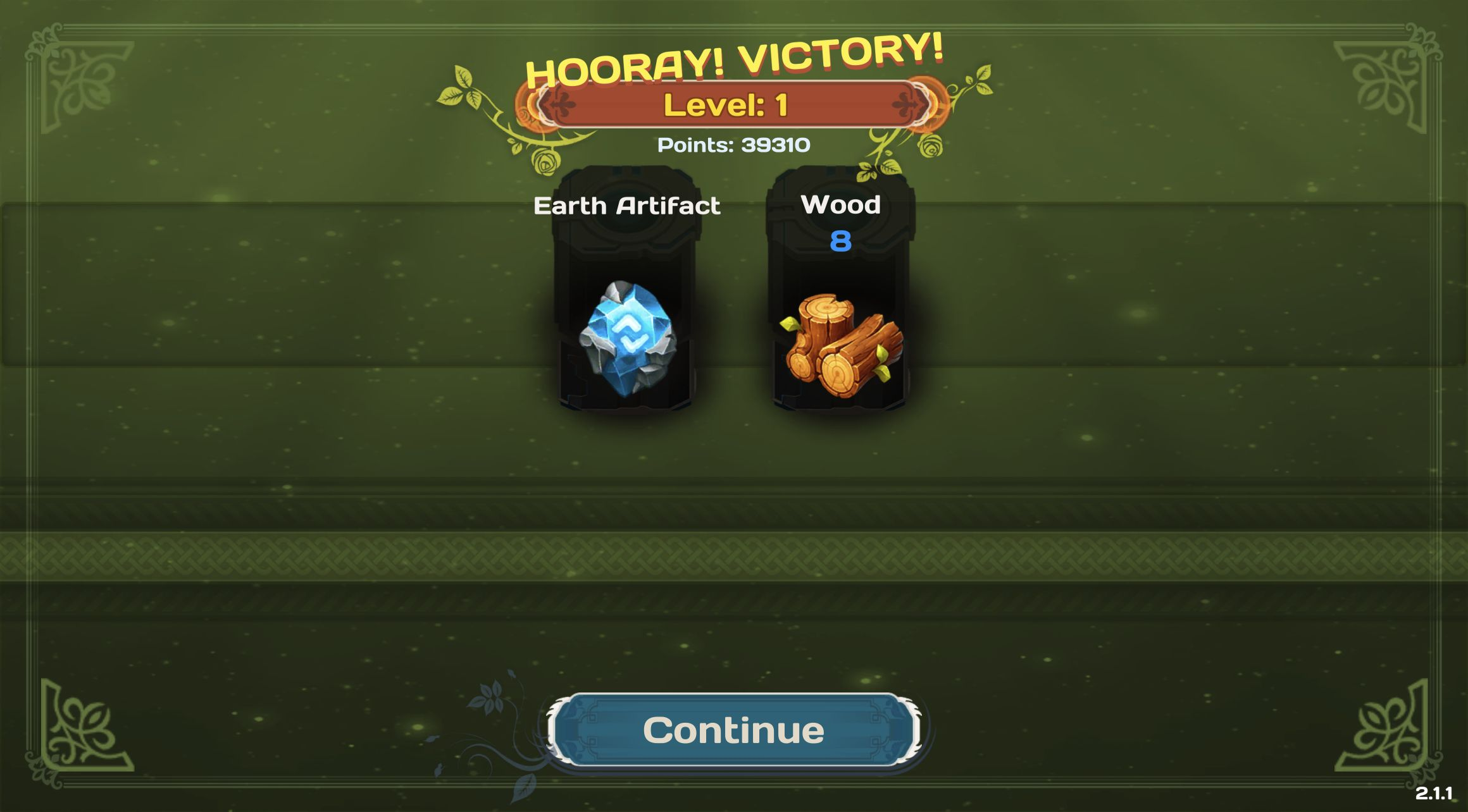 Diamant Match 3 Sky Story Level 1 victory screen showing 39310 points, an Earth Artifact, and eight wood