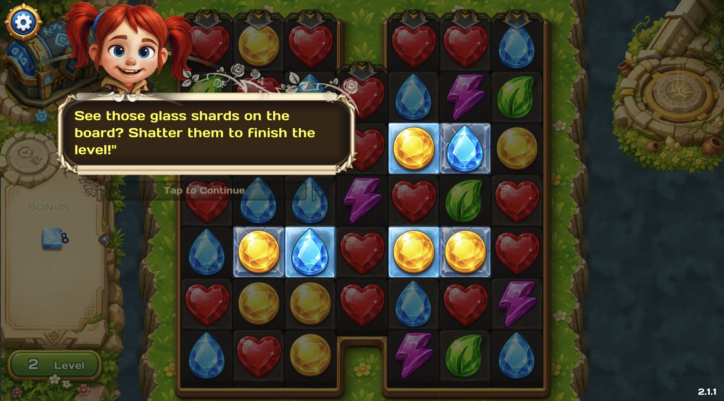 Level 2 match-three board with glass-backed gems and a tutorial asking the player to shatter eight shards