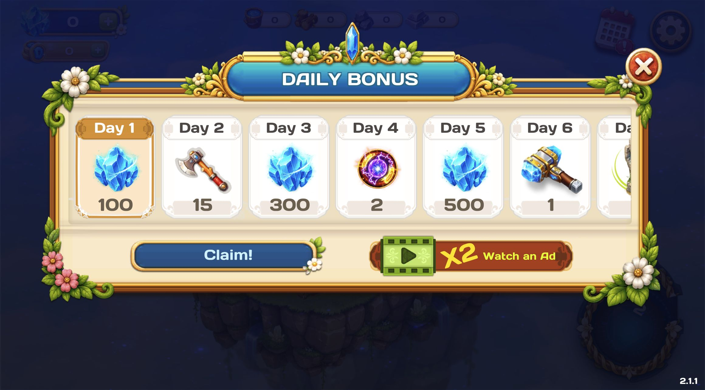 Diamant Match 3 Sky Story daily bonus calendar with 100 crystals on Day 1 and a standard Claim button