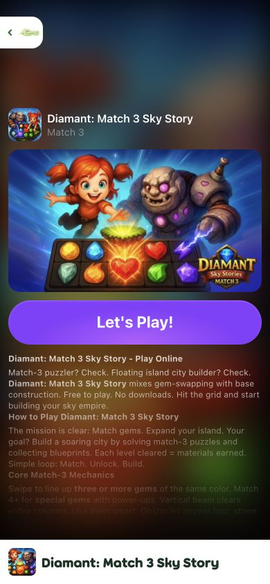 Diamant Match 3 Sky Story launcher filling a 390 by 844 mobile player with a back control and Let's Play button