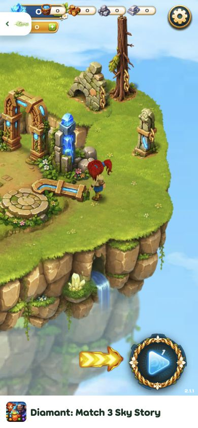 Diamant Match 3 Sky Story floating island rendered in a 390 by 844 portrait mobile player with resource counters and play arrow