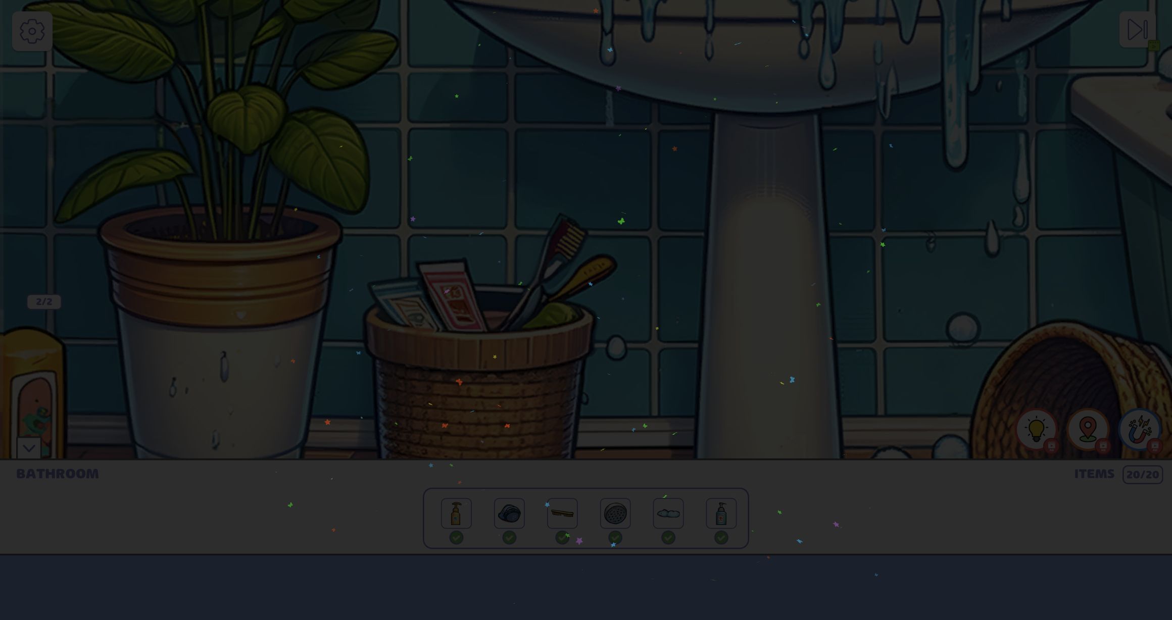 Bathroom scene at 20 of 20 items with confetti after collecting the last object