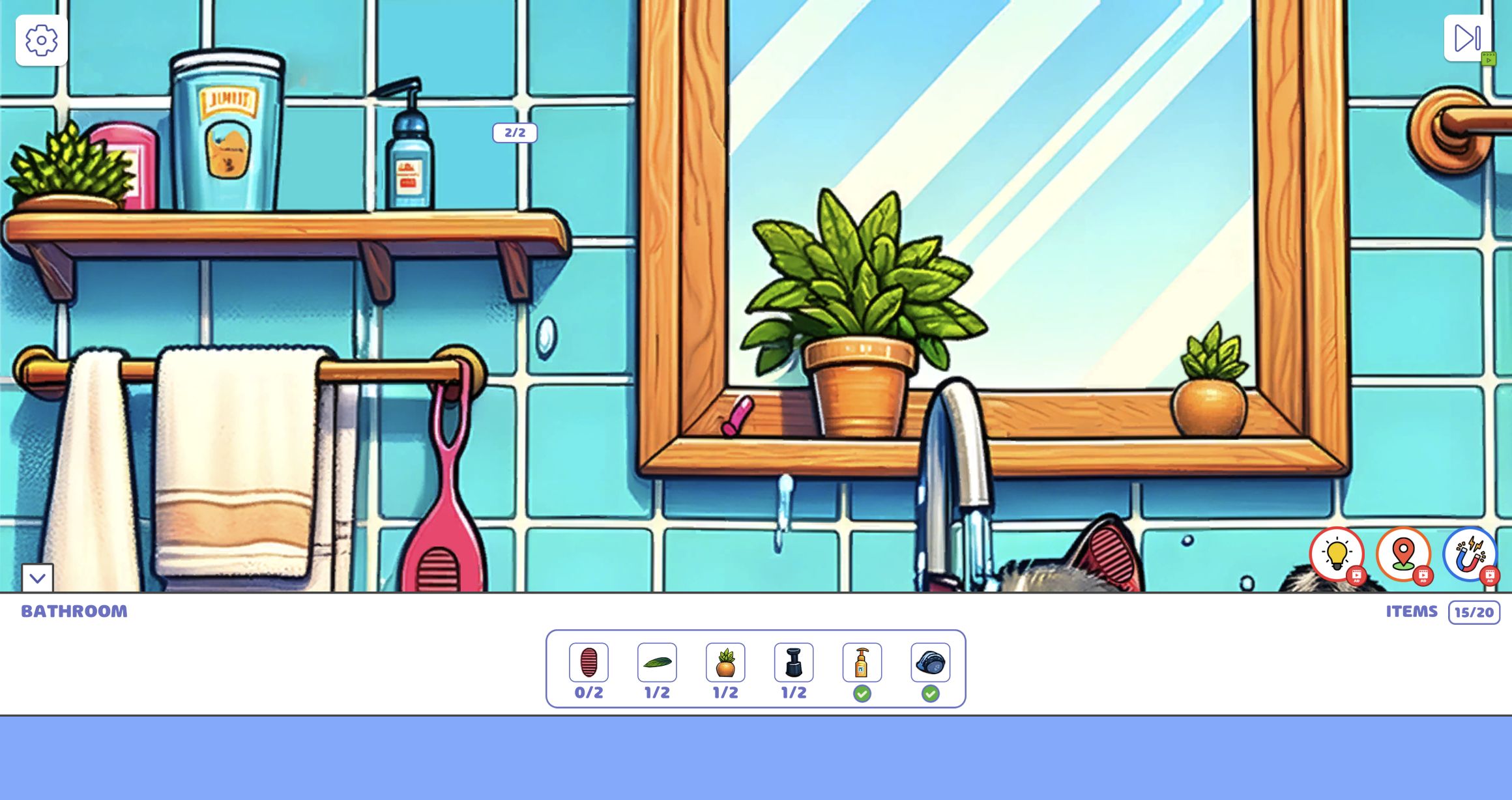 Desktop and portrait-mobile views of the same Bathroom hidden-object episode