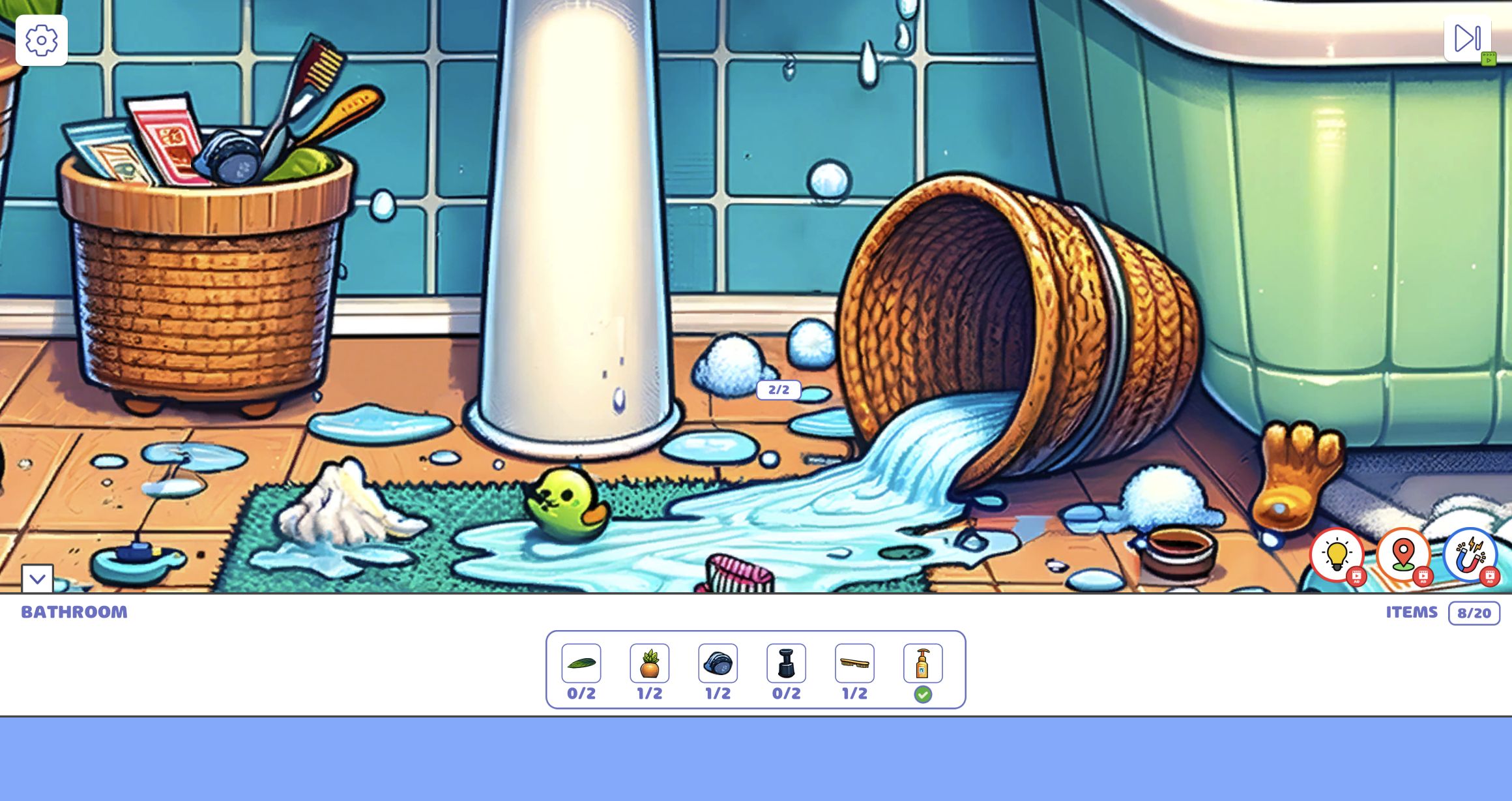 Cluttered Bathroom floor with spilled water, basket, brush, duck and an item counter
