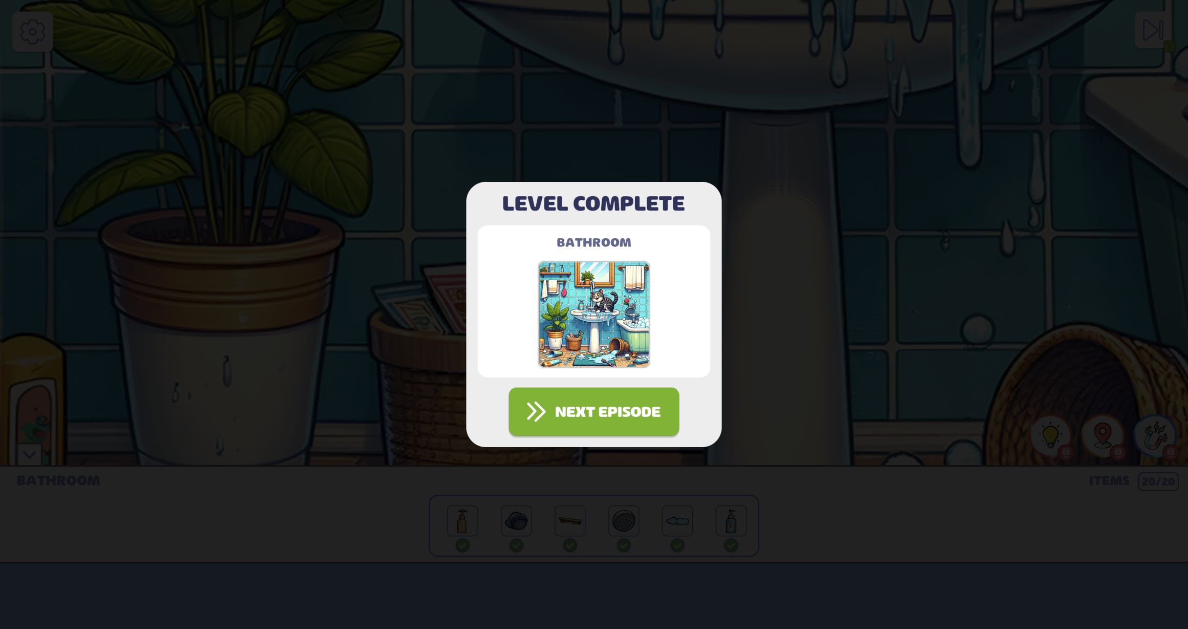 Level Complete card for the Bathroom episode with a Next Episode button