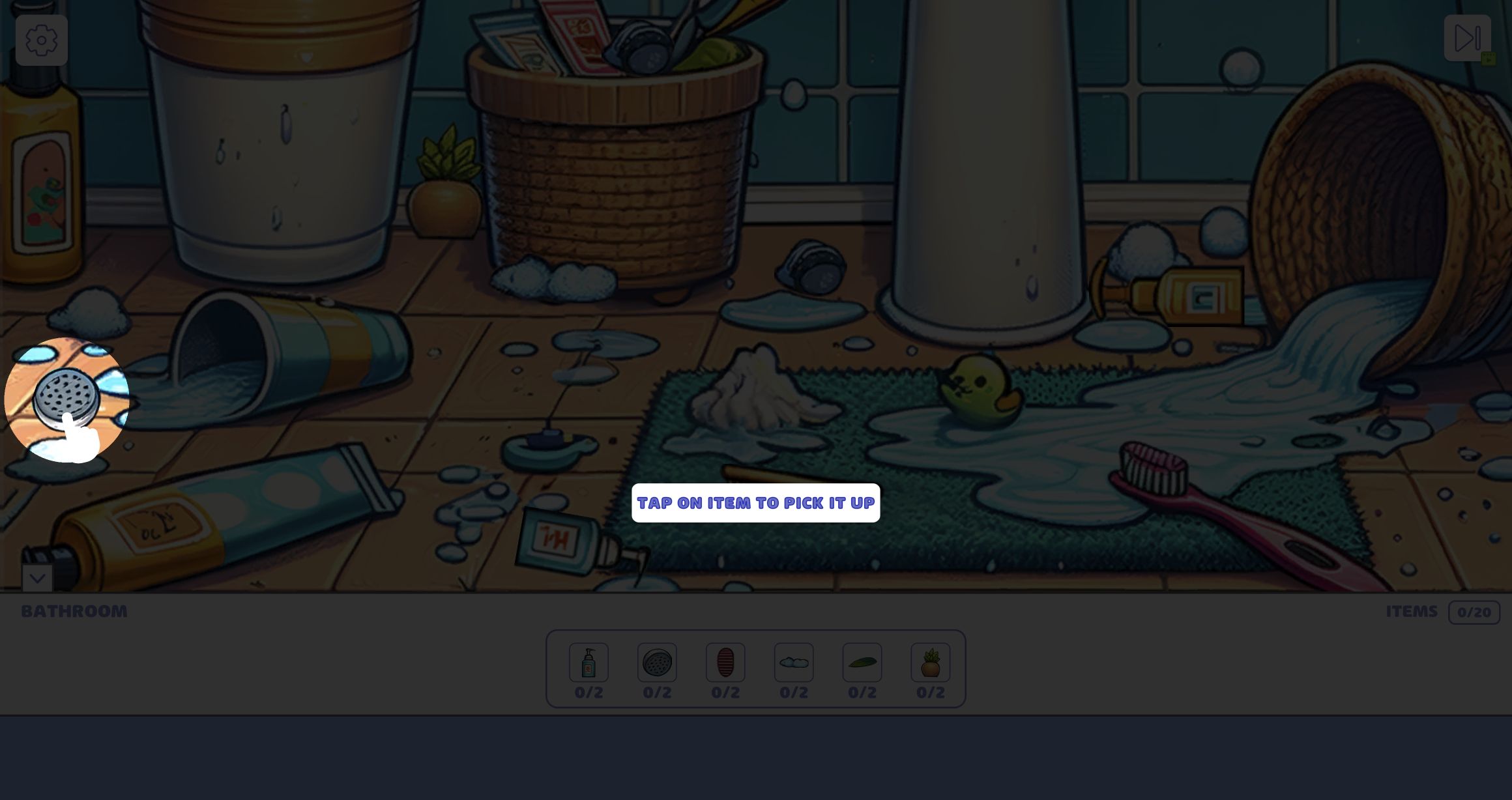 Tutorial spotlight over a circular showerhead with the instruction Tap on item to pick it up