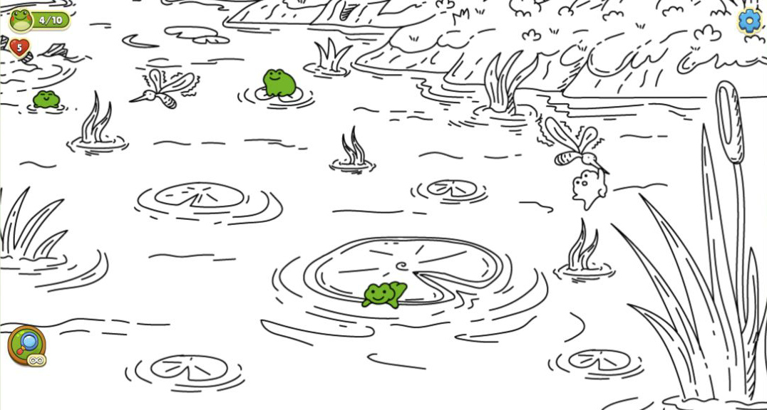 Black-and-white swamp scene with discovered green frogs standing out among dense line art
