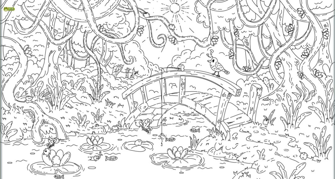 Wide bridge-and-pond scene at the start of a fifteen-frog level