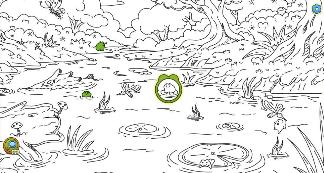 Magnifying-glass hint centering a hidden frog inside a green circular highlight