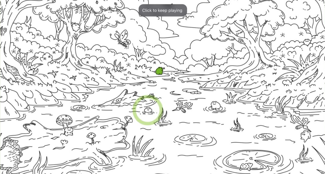 Zoomed black-and-white swamp drawing with one discovered green frog near the water