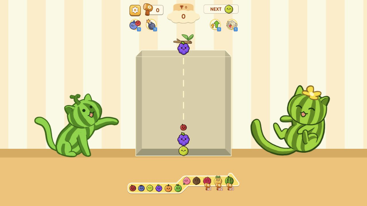 Fruit Merge desktop playfield at score zero after dragging left, with yellow-green, grape, and red fruit still aligned in the center