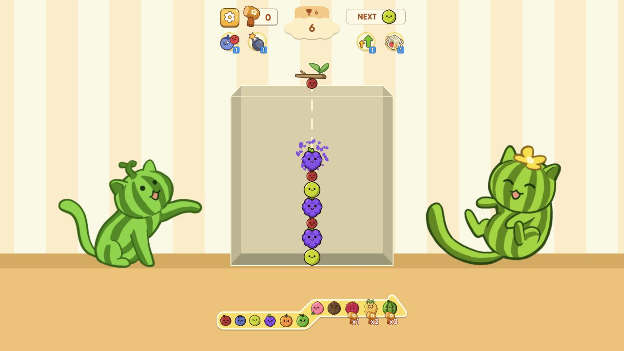 Fruit Merge desktop board at score 6 with purple merge particles around a grape in the center stack