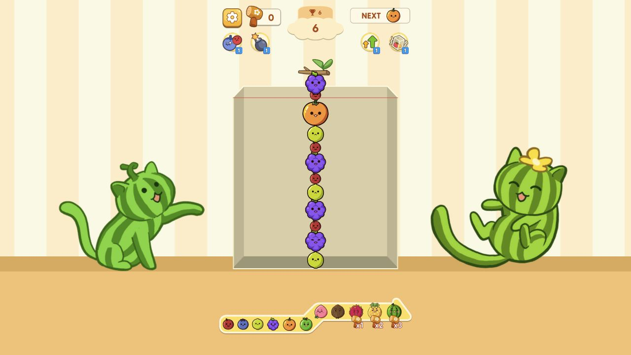 Fruit Merge pressure comparison showing either the desktop center column or the mobile 364-point pile with three Peaches