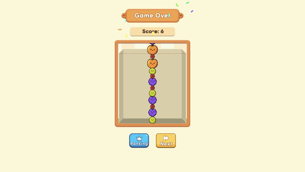 Fruit Merge desktop Game Over screen showing a final score of 6, the full narrow fruit pile, and Ranking and Next buttons