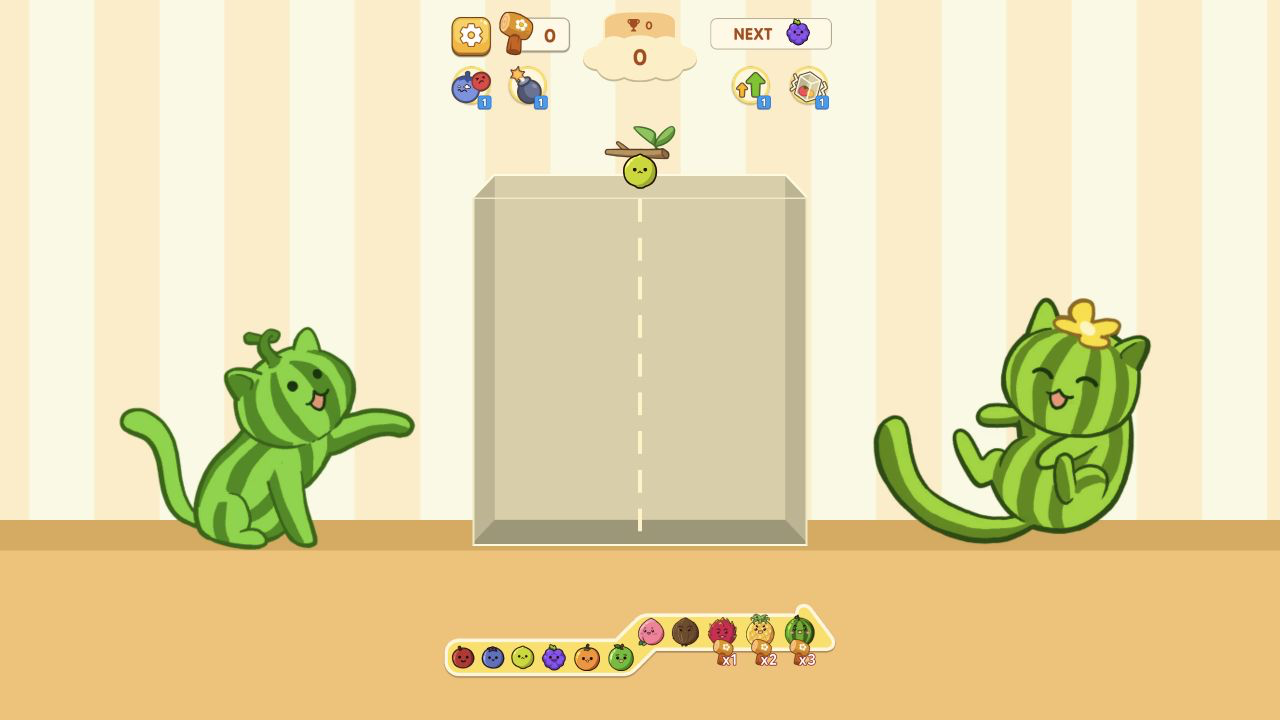 Full Fruit Merge desktop playfield at score zero with a yellow-green fruit ready to drop and a grape in the NEXT preview