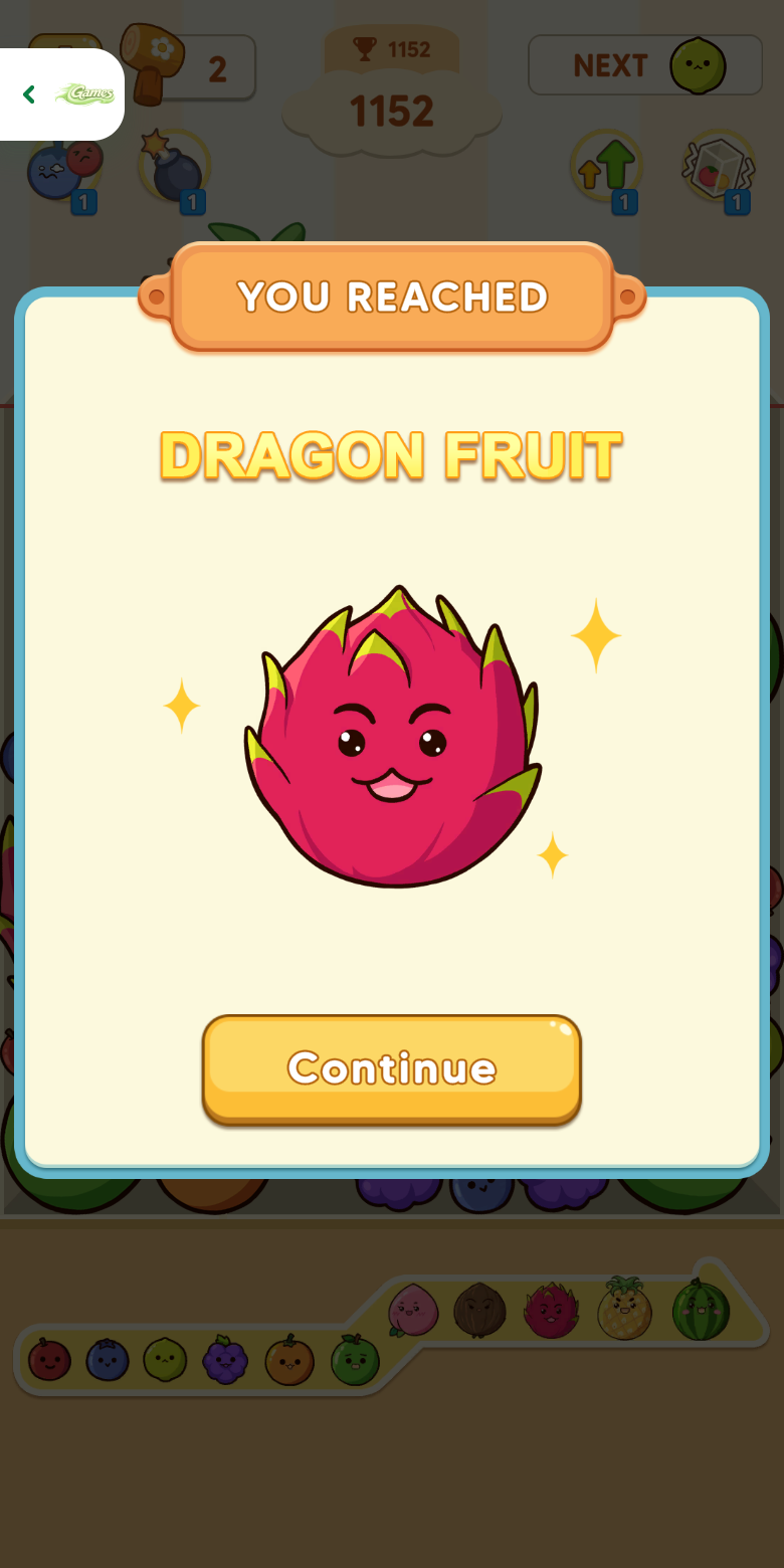 Fruit Merge mobile milestone panel announcing Dragon Fruit at score 1152 with the Playflaming fullscreen back control visible