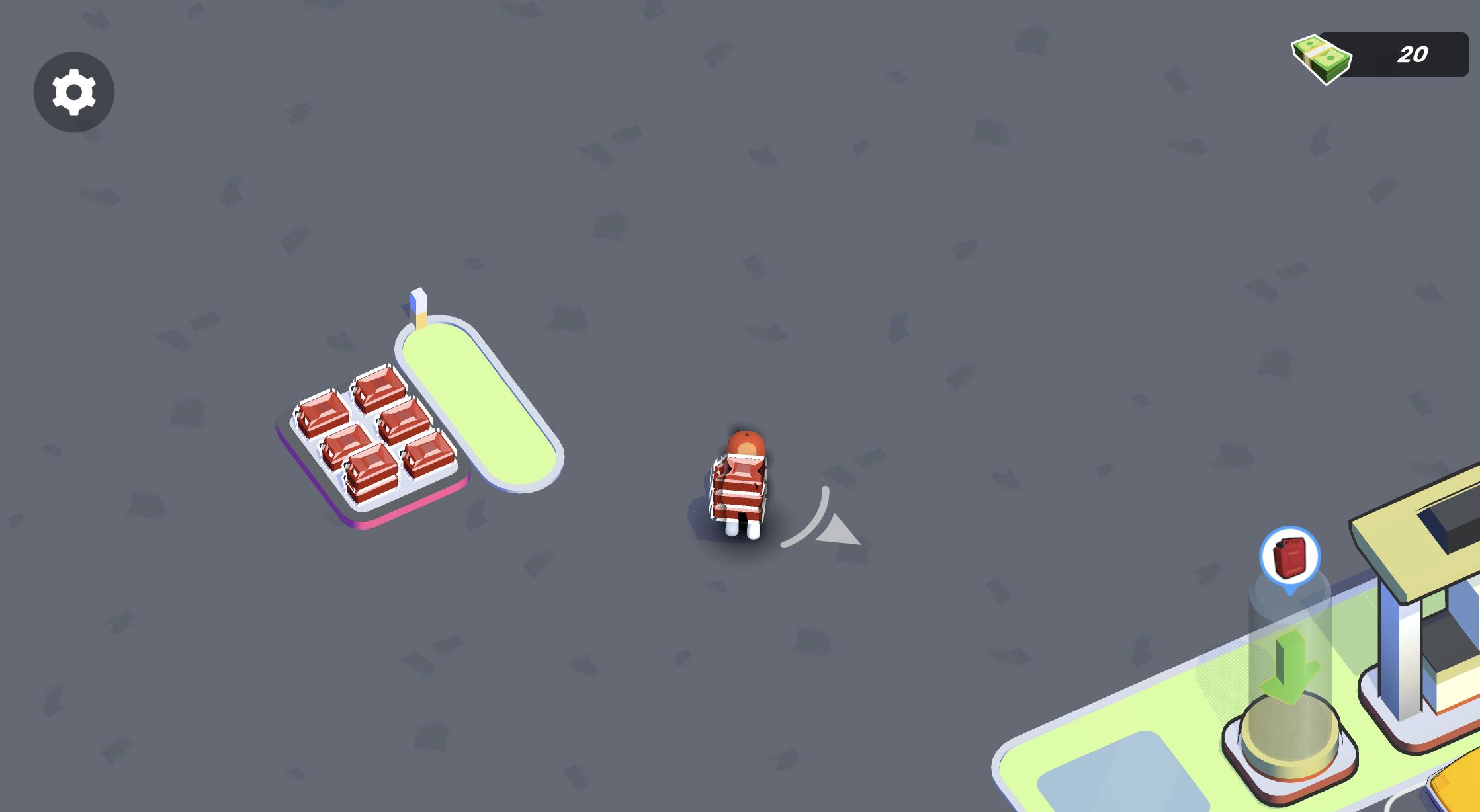 Gas Station Simulator character carrying a visible stack of red fuel containers from the stock rack toward the pump