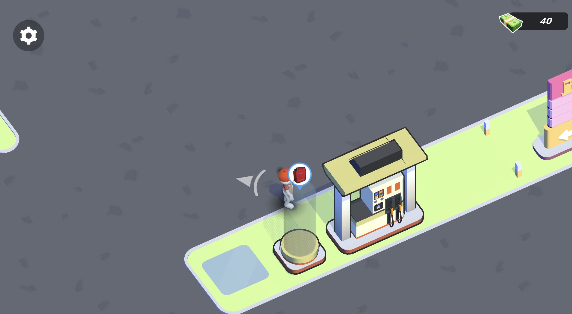 Gas Station Simulator character standing beside the newly built first fuel pump with a balance of 40