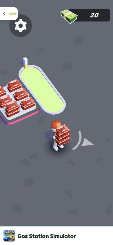 Gas Station Simulator mobile fullscreen view with the character carrying red fuel containers toward the pump