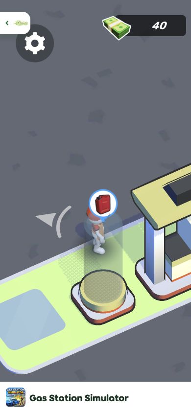 Gas Station Simulator mobile fullscreen view with the first pump built and 40 cash remaining