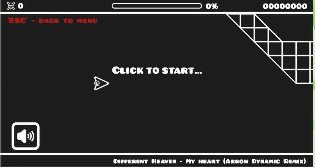 The Level 1 start screen with the arrow waiting beside the words Click to Start