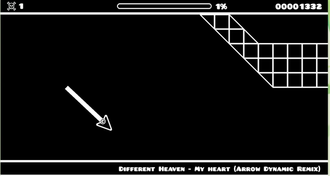 Geometry Arrow 2 arrow descending through the opening of Level 1 with one percent progress displayed
