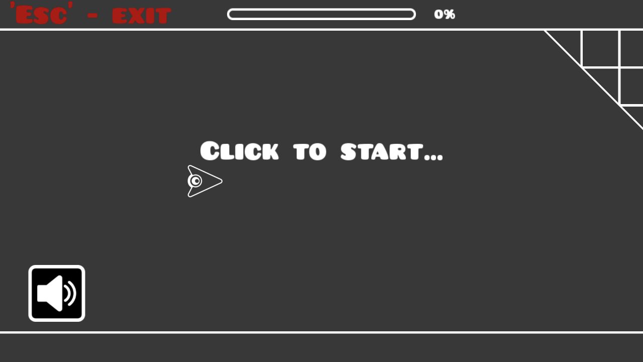 Geometry Arrow Level 1 ready screen with Click to Start and zero percent progress