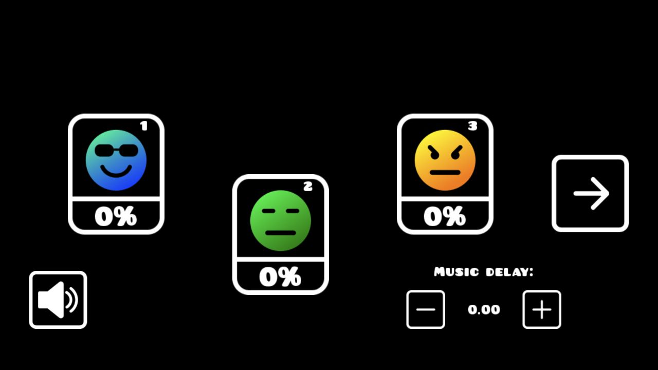 Geometry Arrow menu with three numbered cards at zero percent and a Music Delay control