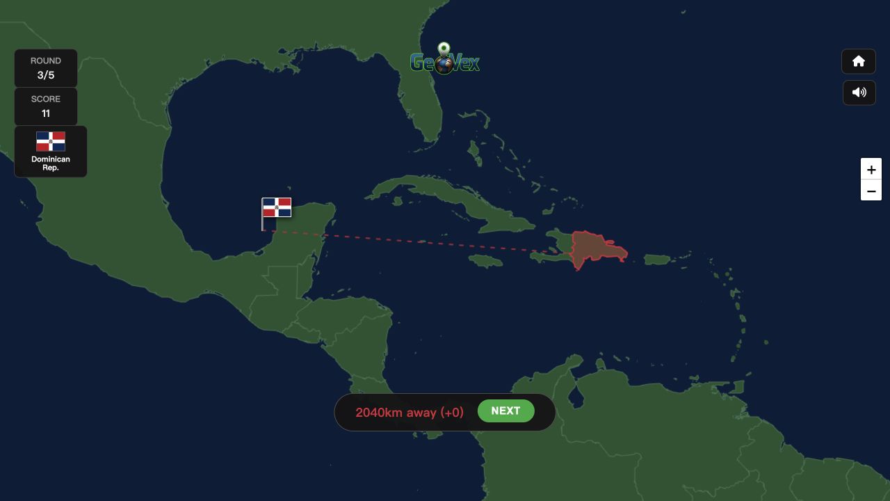 GeoVex Dominican Republic feedback showing a 2040 kilometer miss and zero added points