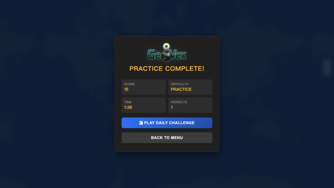 GeoVex Practice Complete screen showing 15 points, one perfect, and a time of 1 minute 36 seconds