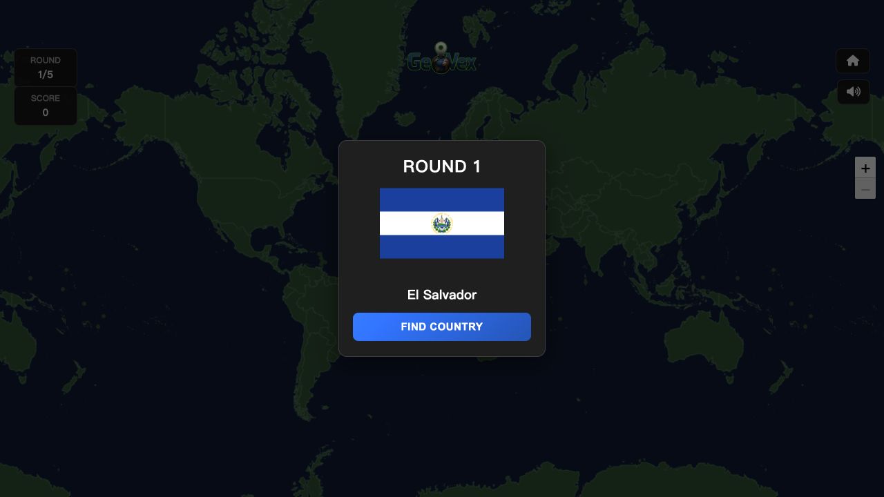 GeoVex Round 1 prompt displaying the flag and country name El Salvador