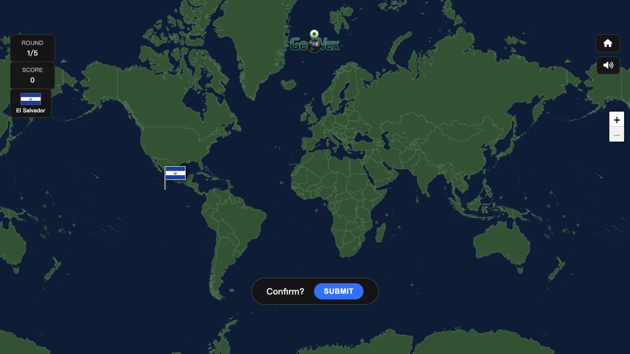 GeoVex world map with an El Salvador flag pin and a Submit confirmation