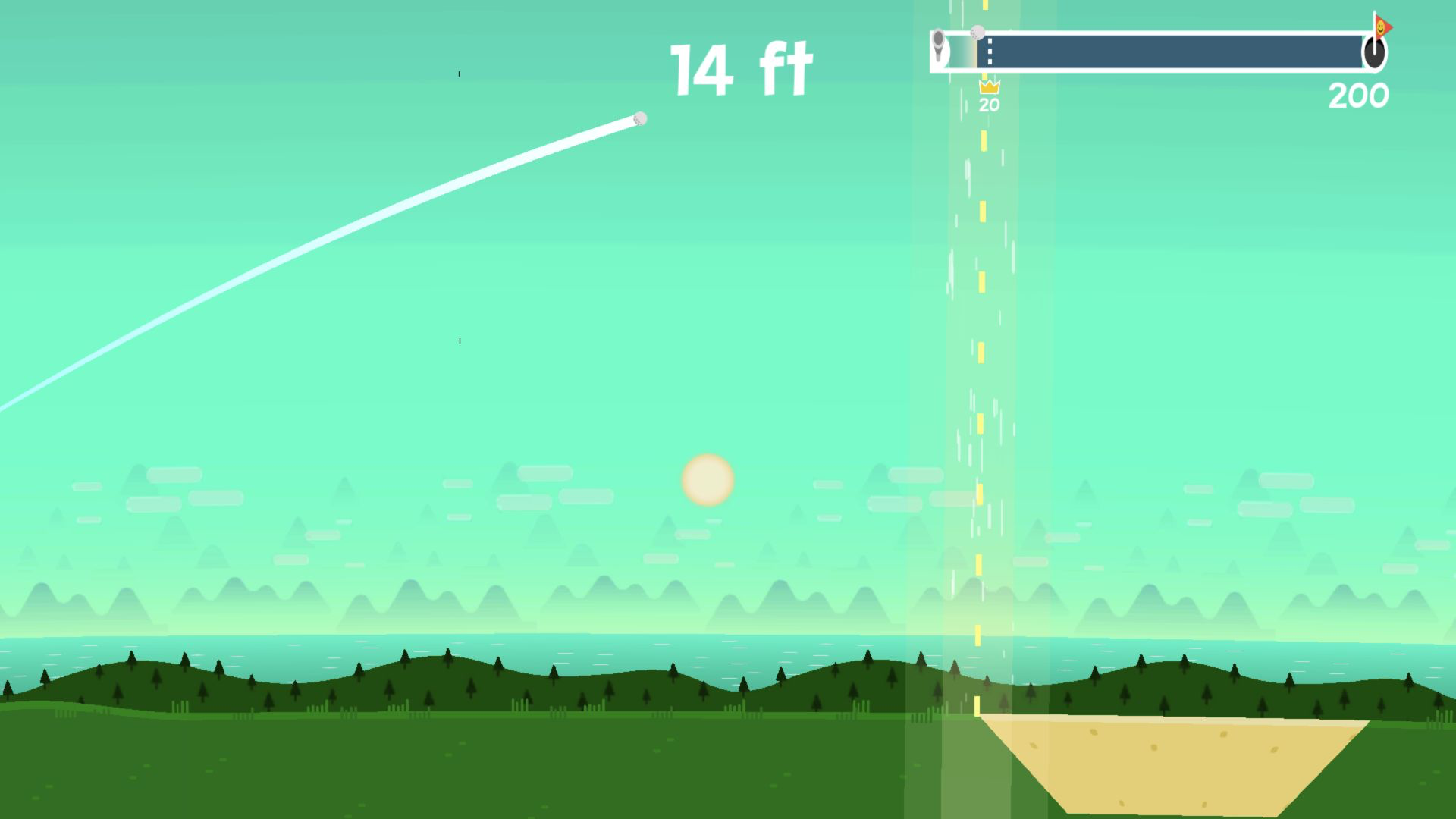 Golf Orbit ball high in flight at 14 feet with a white trail crossing above a road and bunker