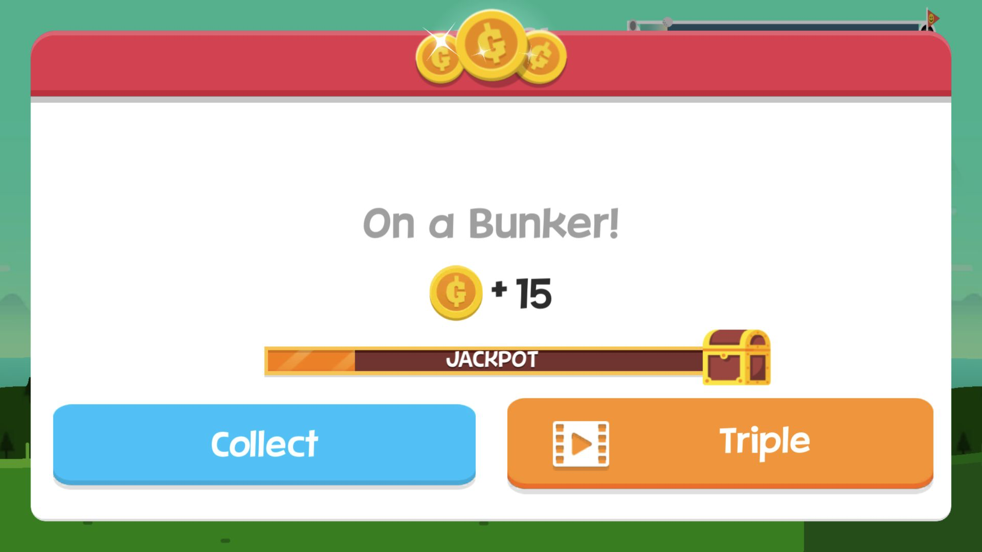 Golf Orbit result panel reading On a Bunker and awarding 15 coins with Collect and Triple buttons