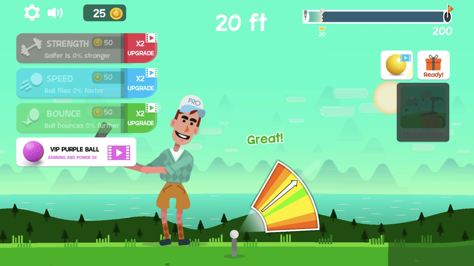 Golf Orbit golfer beginning a swing with a Great timing rating and the meter arrow in the yellow-green area