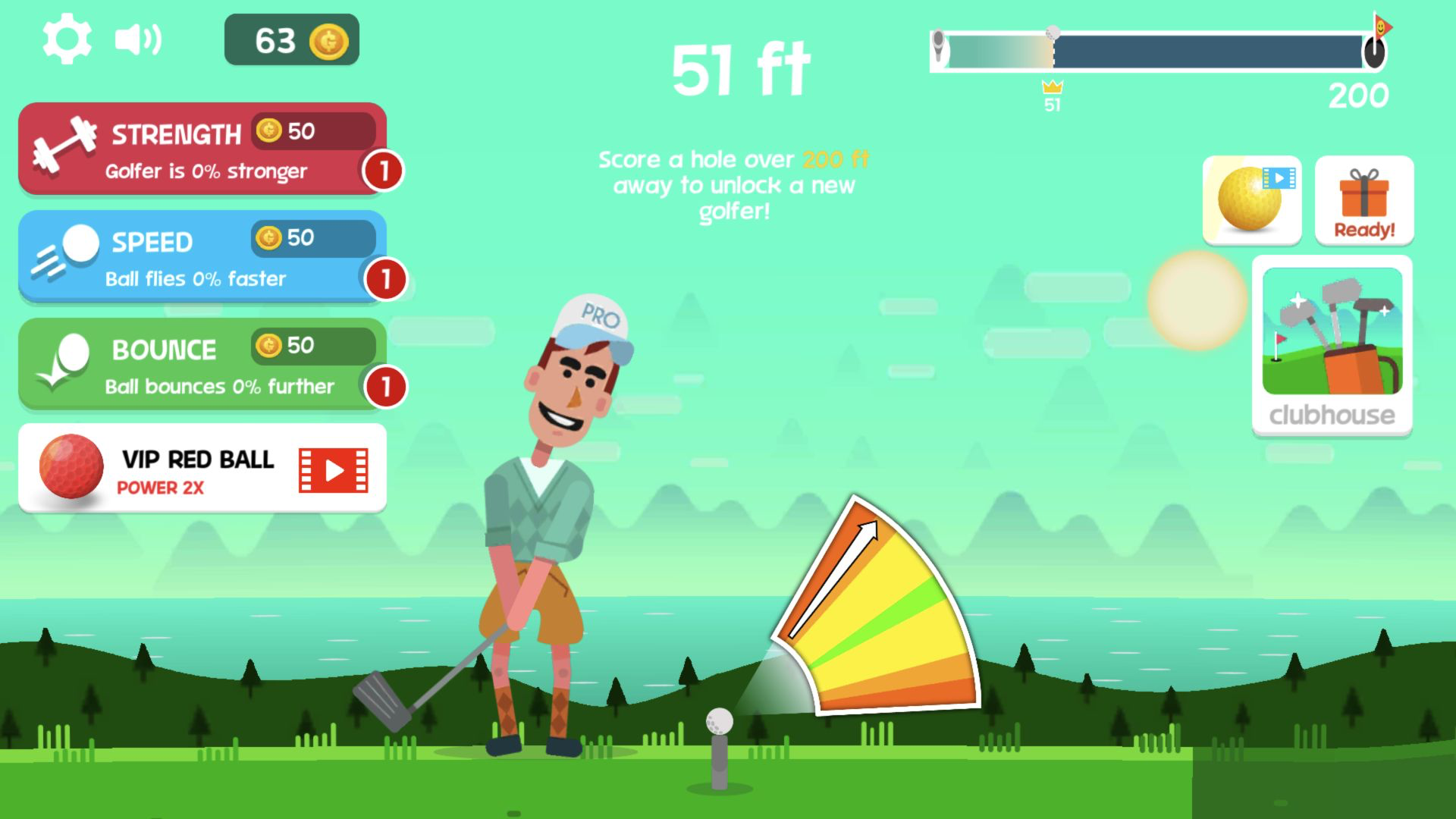 Golf Orbit desktop tee showing a 51-foot best distance, 63 coins, and the starting golfer beside the timing meter
