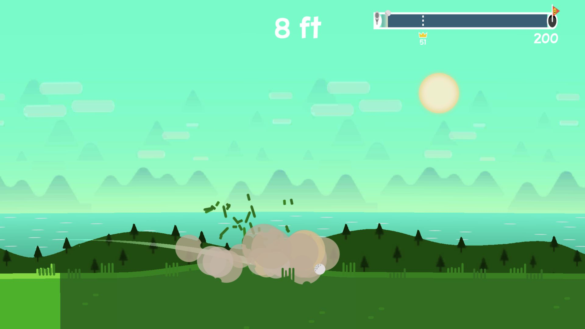 Golf Orbit comparison showing the desktop post-upgrade bounce or the mobile 30-foot touch result and reward chest