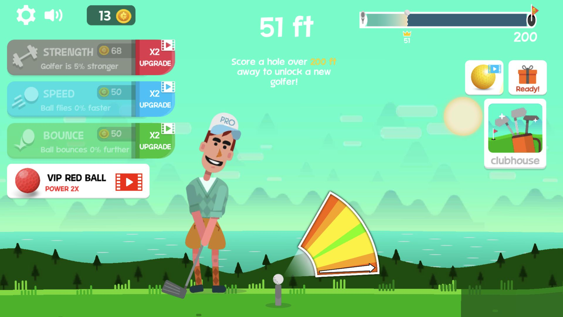 Golf Orbit tee after buying Strength, showing 13 coins, Golfer is 5% stronger, and a next Strength cost of 68