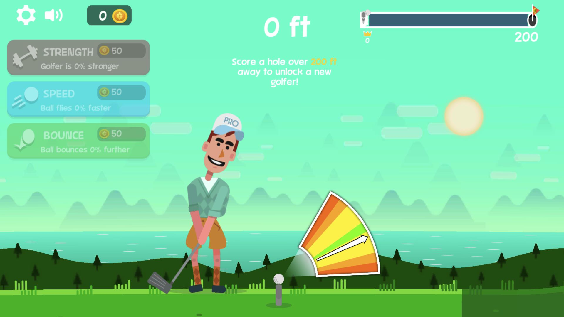 Golf Orbit opening tee with zero coins, a zero-foot distance, three 50-coin upgrades, and a 200-foot unlock target