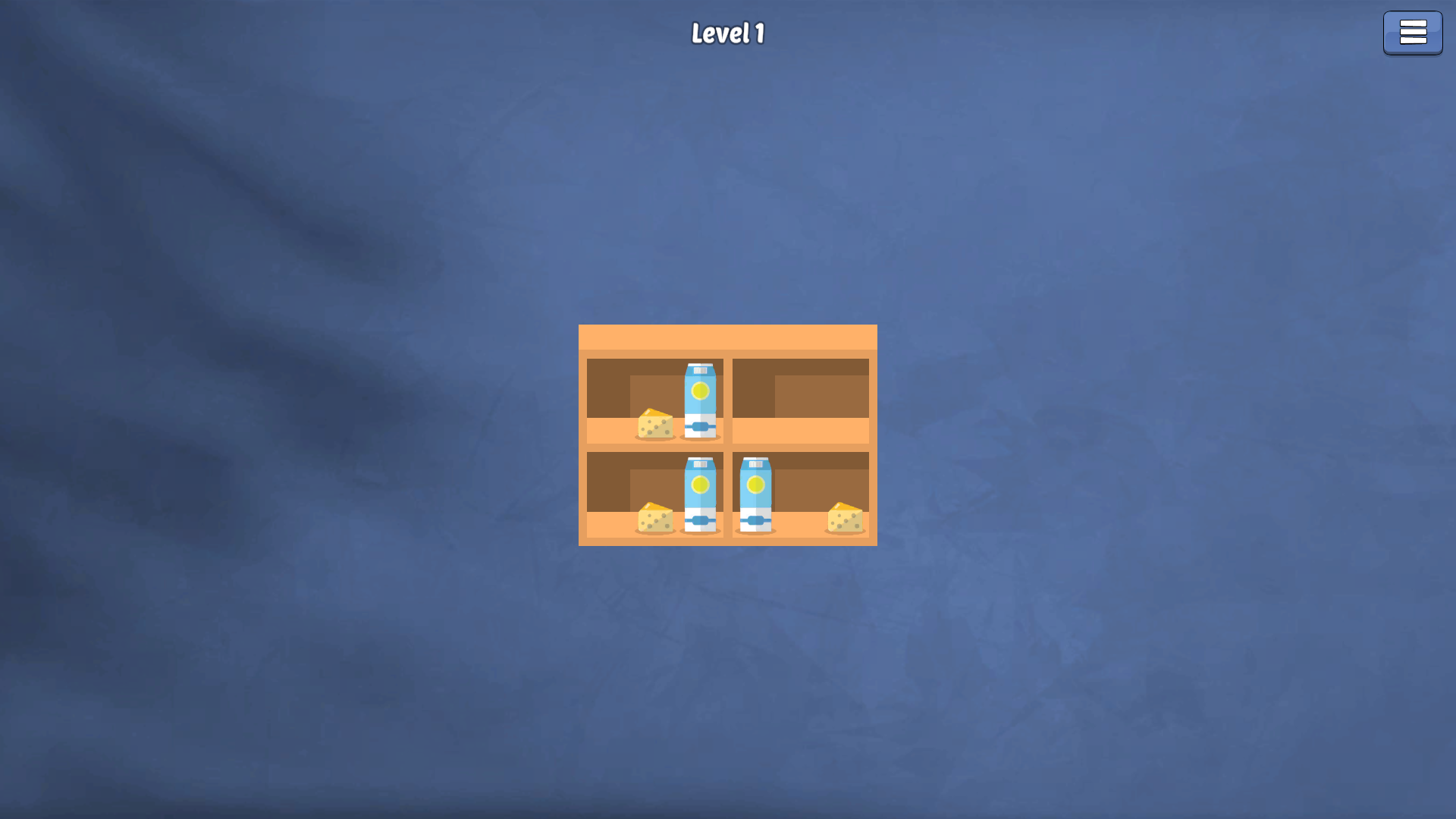 Level 1 shelf after all three apples have disappeared, leaving cheese and milk in three compartments