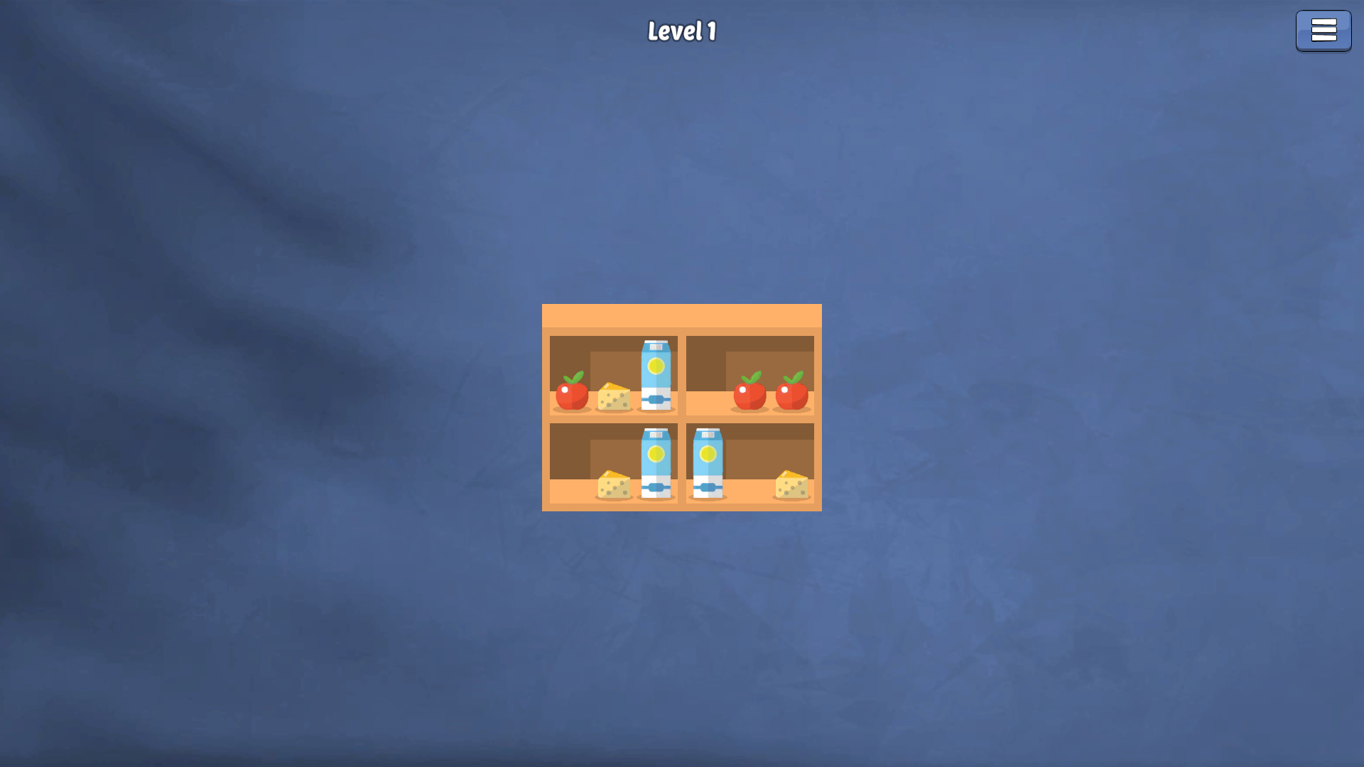 Two apples grouped in the upper-right compartment while a third apple remains on the upper-left shelf