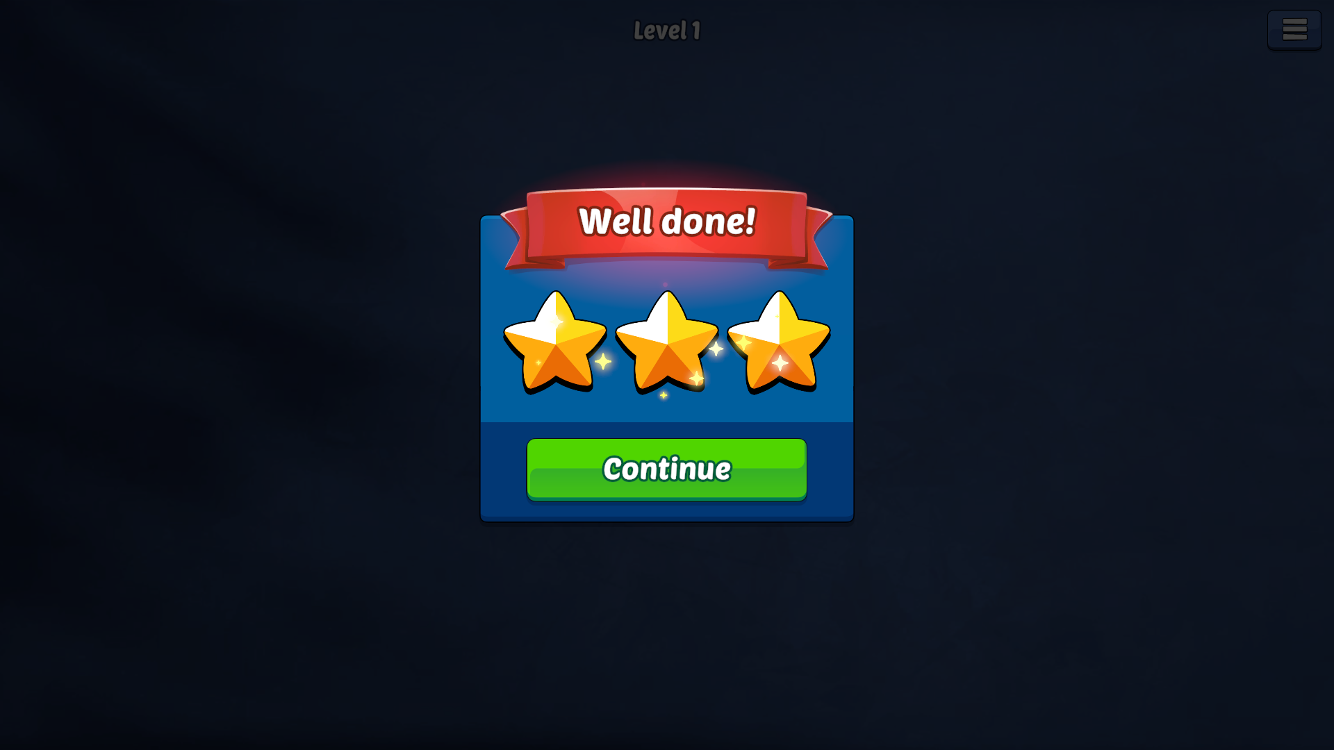Well done result panel showing three gold stars and a green Continue button
