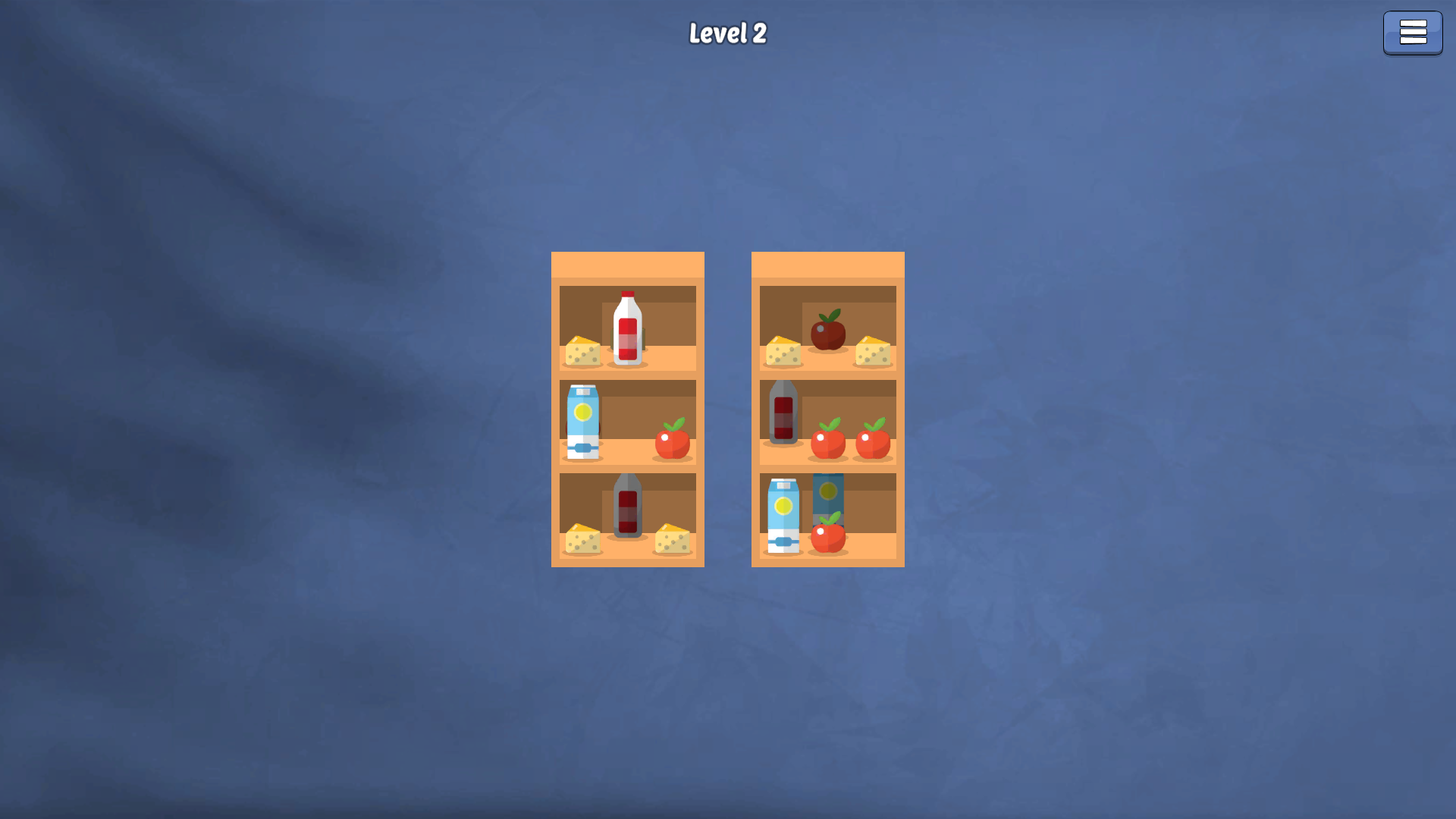 Level 2 board with two tall shelf units, six compartments, bottles, milk, apples, cheese, and juice cartons