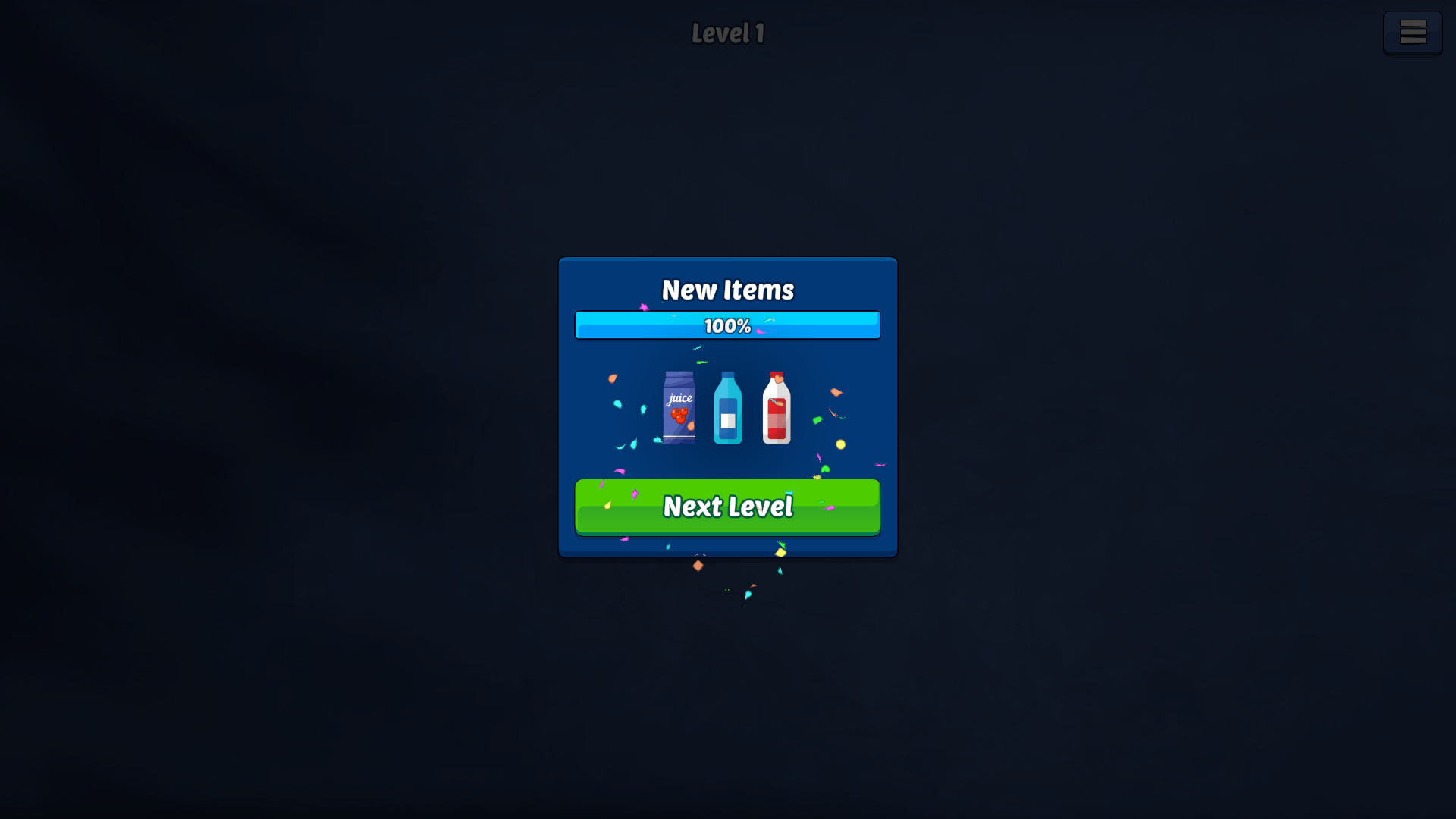 New Items reward panel showing a purple juice carton, blue bottle, and white bottle with red label