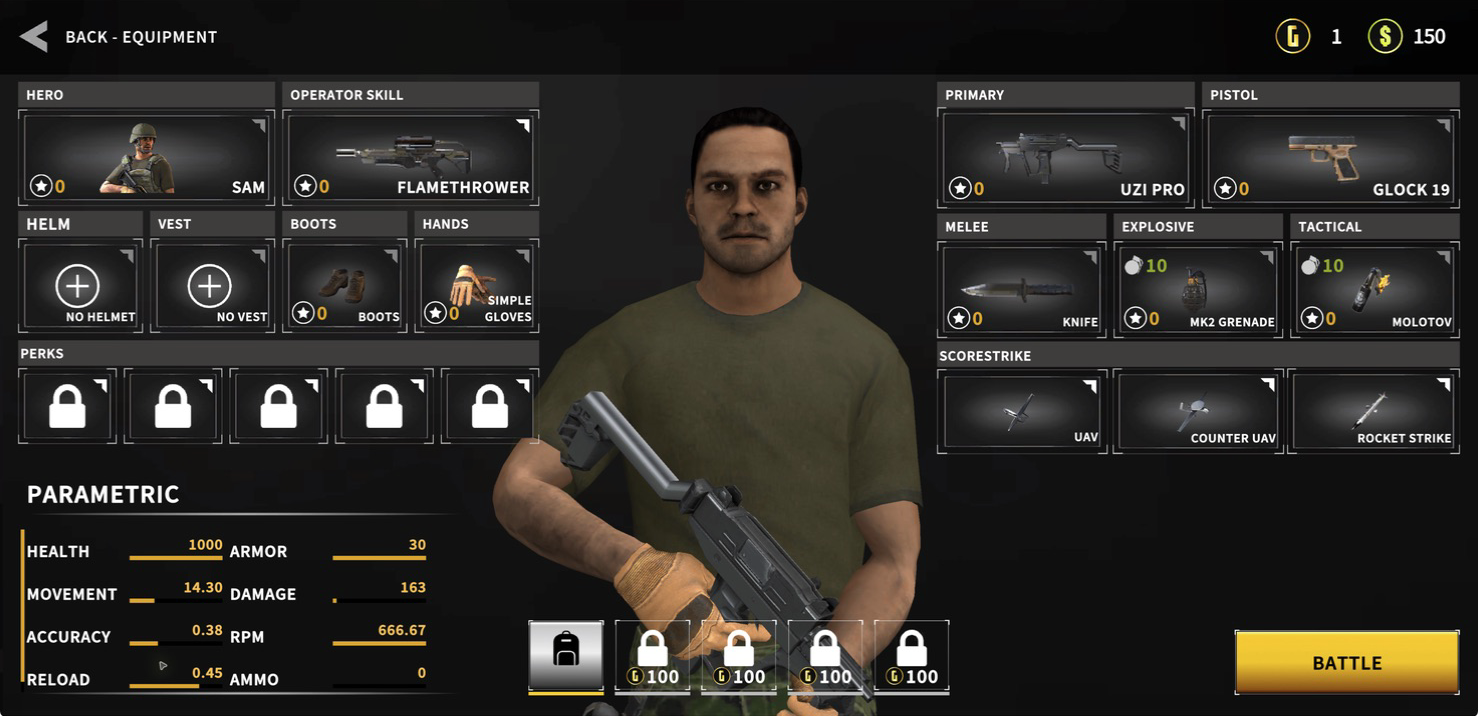 Hazmob FPS equipment screen showing the starter Uzi Pro, Glock 19, grenades, armor slots, and scorestreaks