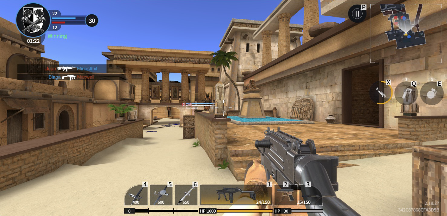 First-person Uzi view near the central walkway on Hazmob FPS's Egypt map